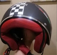 Load image into Gallery viewer, NWT Helmet - His &amp; Her M/L Prix Black Racer + white racing checks w brick red interior ABS - dot certified motorcycle safety w clear visor
