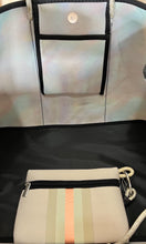 Load image into Gallery viewer, NEOPRENE waterproof Tote bag © Opal Leopard 2.0 cream white / light beige large purse + metallic rose gold racing stripes Onyx Amber Sahara

