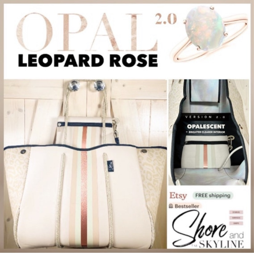 NEOPRENE waterproof Tote bag © Opal Leopard 2.0 cream white / light beige large purse + metallic rose gold racing stripes Onyx Amber Sahara