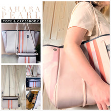 Load image into Gallery viewer, © Sahara Pearl waterproof tote &amp; crossbody sand beige premium neoprene + pearlescent &amp; sunset rose-gold stripes &amp; champagne mirage interior holiday gift ShoreAndSkyline
