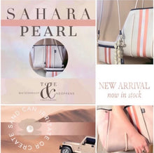 Load image into Gallery viewer, © Sahara Pearl waterproof tote &amp; crossbody sand beige premium neoprene + pearlescent &amp; sunset rose-gold stripes &amp; champagne mirage interior holiday gift ShoreAndSkyline
