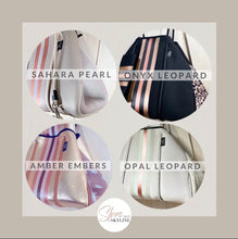 Load image into Gallery viewer, NEOPRENE waterproof Tote bag © Opal Leopard 2.0 cream white / light beige large purse + metallic rose gold racing stripes Onyx Amber Sahara
