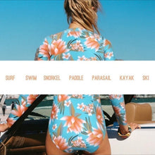 Load image into Gallery viewer, UPF Rashguard COSTA PLUMERIA swimsuit surfsuit longsleeve aqua turquoise coral
