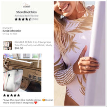 Load image into Gallery viewer, © Sahara Pearl waterproof tote &amp; crossbody sand beige premium neoprene + pearlescent &amp; sunset rose-gold stripes &amp; champagne mirage interior holiday gift ShoreAndSkyline
