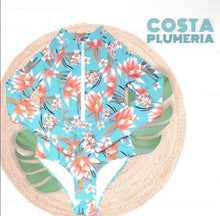 Load image into Gallery viewer, UPF Rashguard COSTA PLUMERIA swimsuit surfsuit longsleeve aqua turquoise coral
